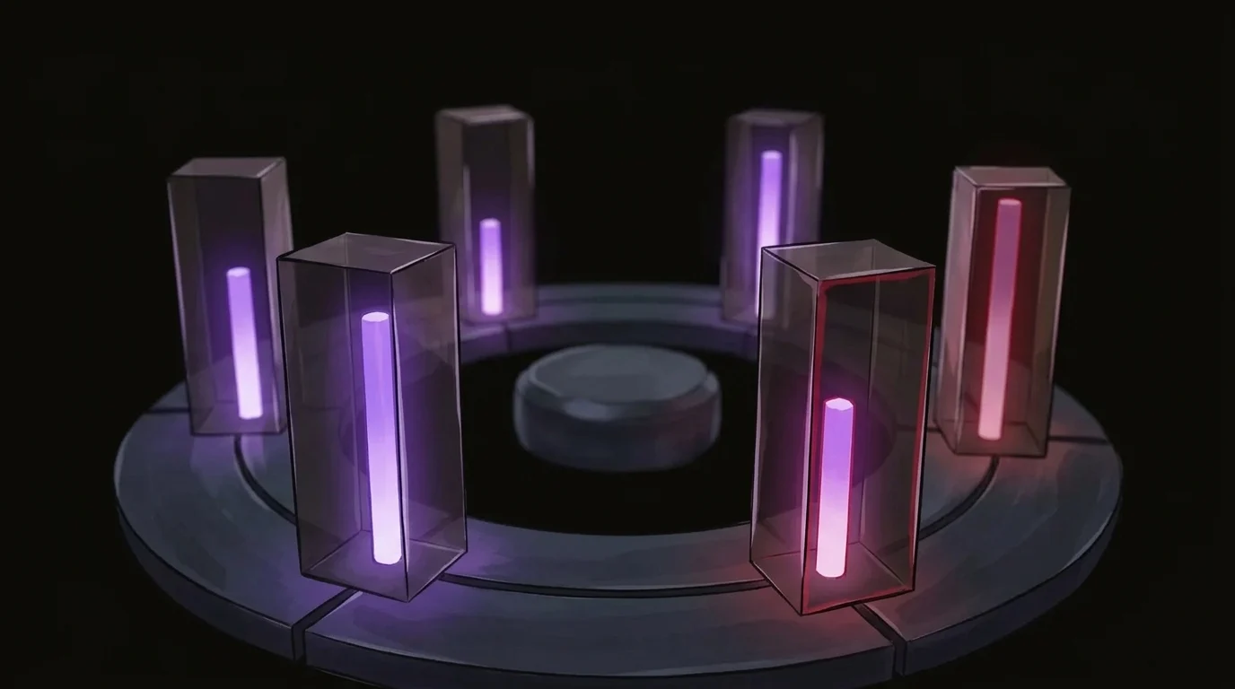 Six smoked-quartz prisms on a basalt ring